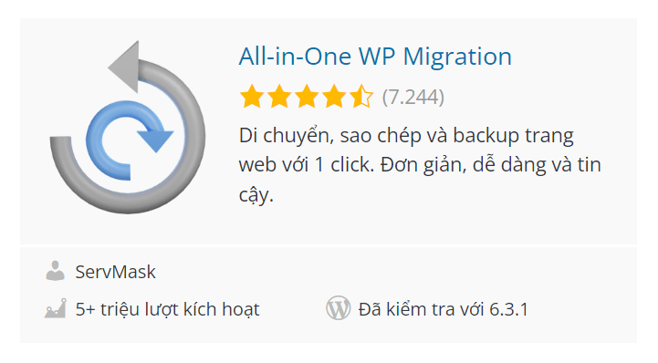 Backup web bằng plugin All in one Migration